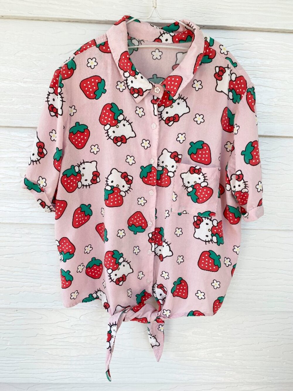 Pink Hello Kitty with strawberries button-down shirt, size S